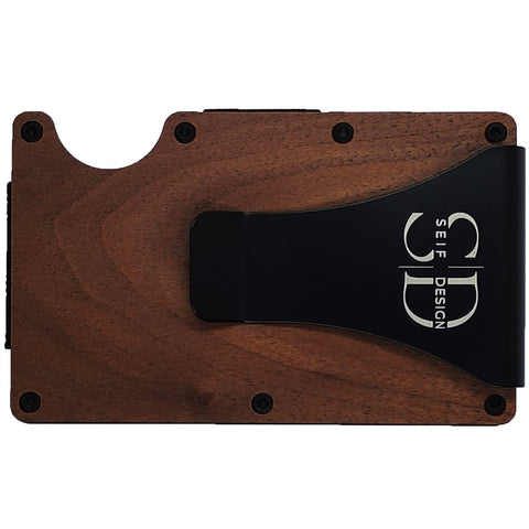 2. Top view of Seif Design Lite Walnut card holder with black metal clip and logo, highlighting wood grain and minimalist design