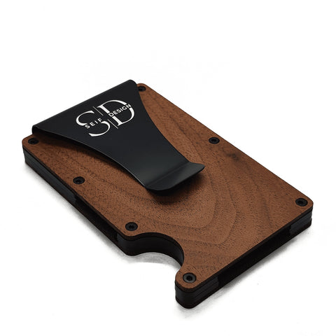 1. Seif Design Lite Walnut card holder with black metal clip and logo, featuring real wood and aluminum construction, shown at an angle on a white background