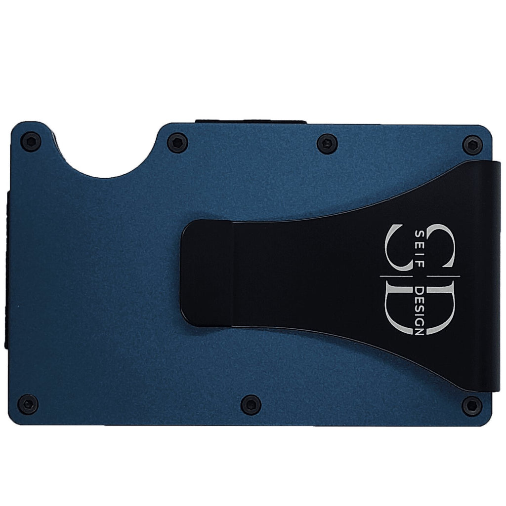 1. Blue metal cardholder by Seif Design with black clip and logo, shown on a black background