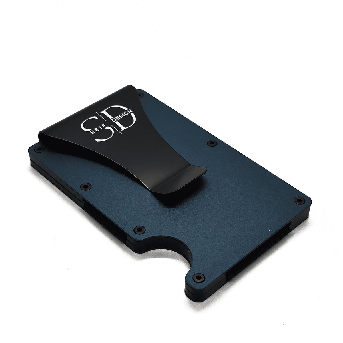 2. Angled view of blue Seif Design cardholder with black clip and logo, on a white background