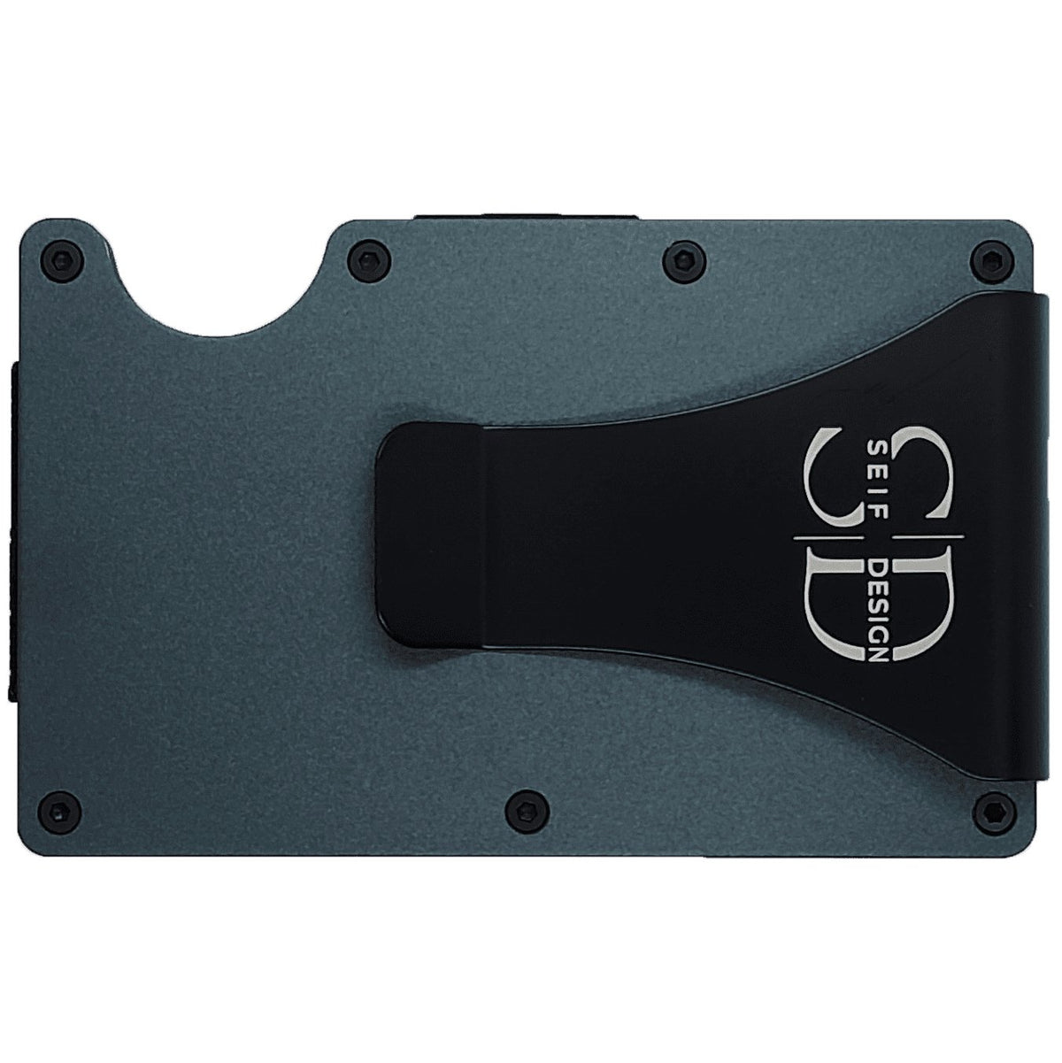 1. Black Seif Design metal cardholder with visible logo, featuring a minimalist design and durable aluminum construction, shown on a black background