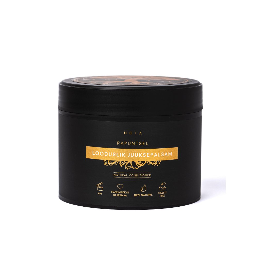 3. Studio shot of HOIA homespa Natural Hair Conditioner Rapunzel, 290ml, in black jar with gold label