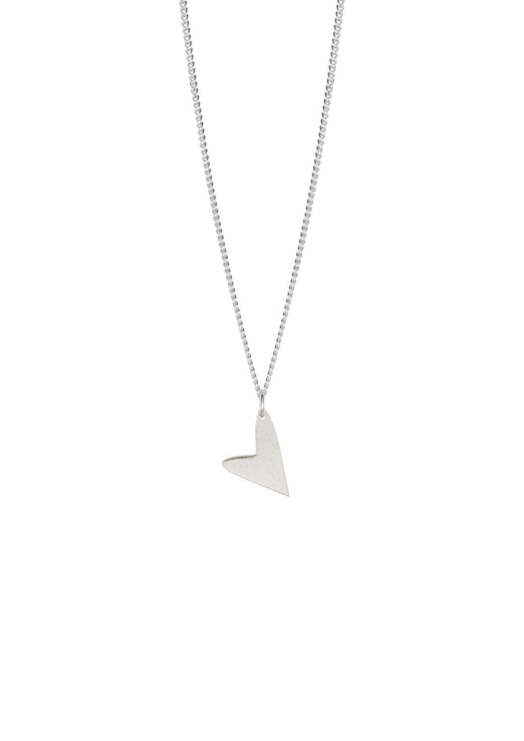 2. NO MORE Love Necklace in silver with heart-shaped pendant, shown in studio setting