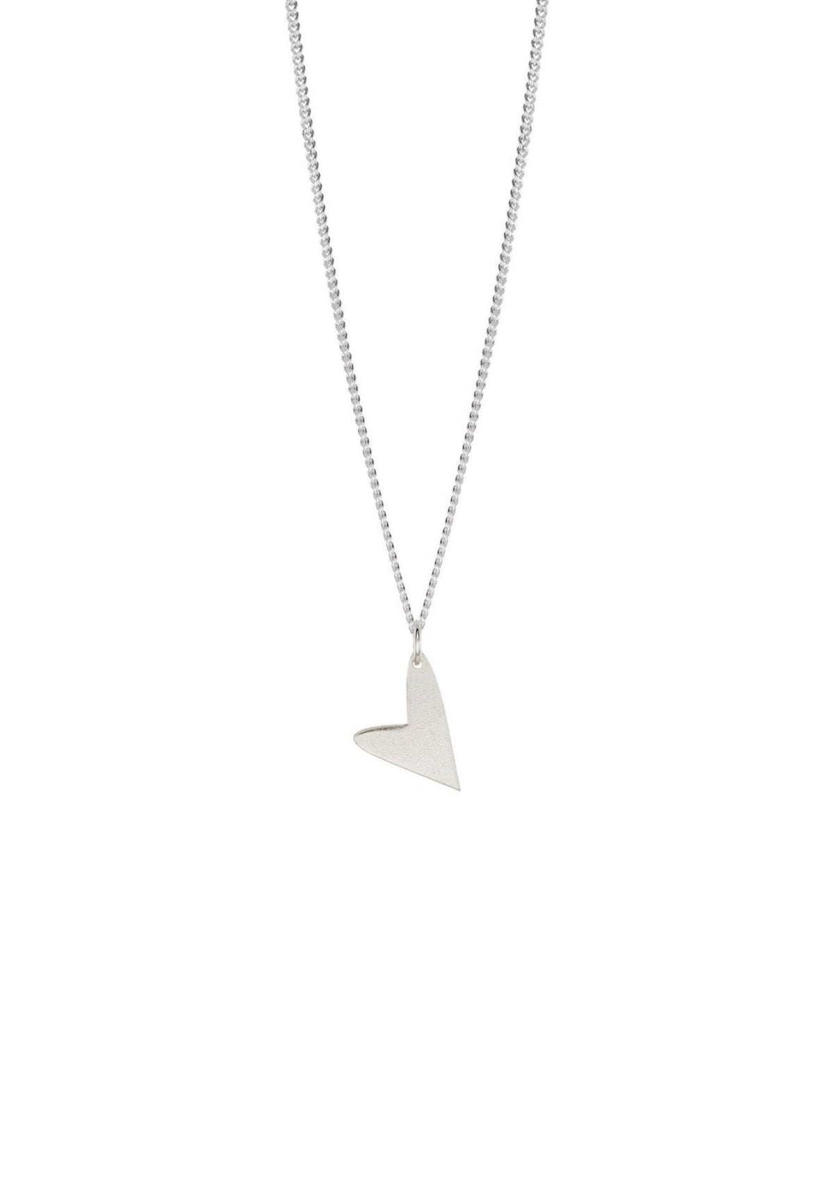 2. NO MORE Love Necklace in silver with heart-shaped pendant, shown in studio setting