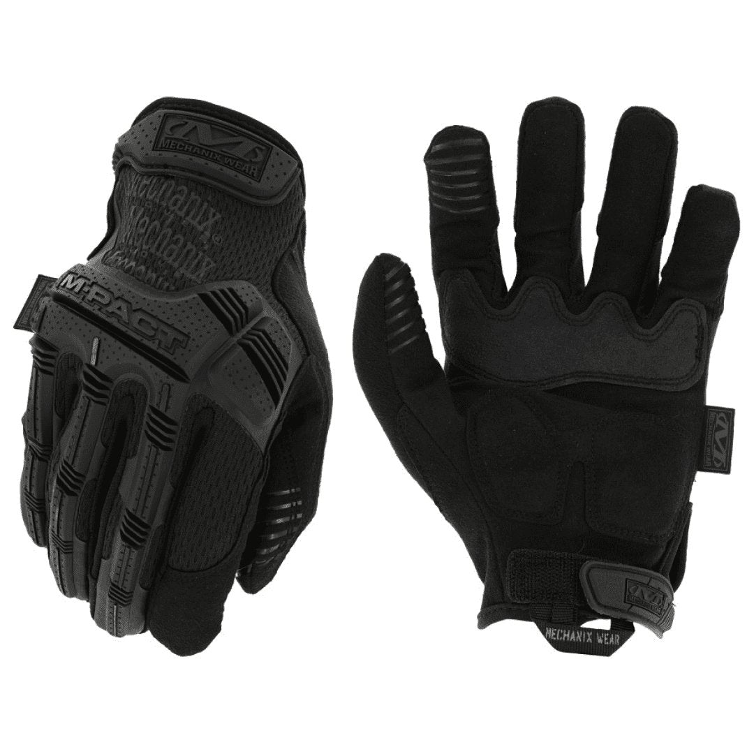 2. Pair of black Mechanix M-Pact gloves showing front and back with TPR protection