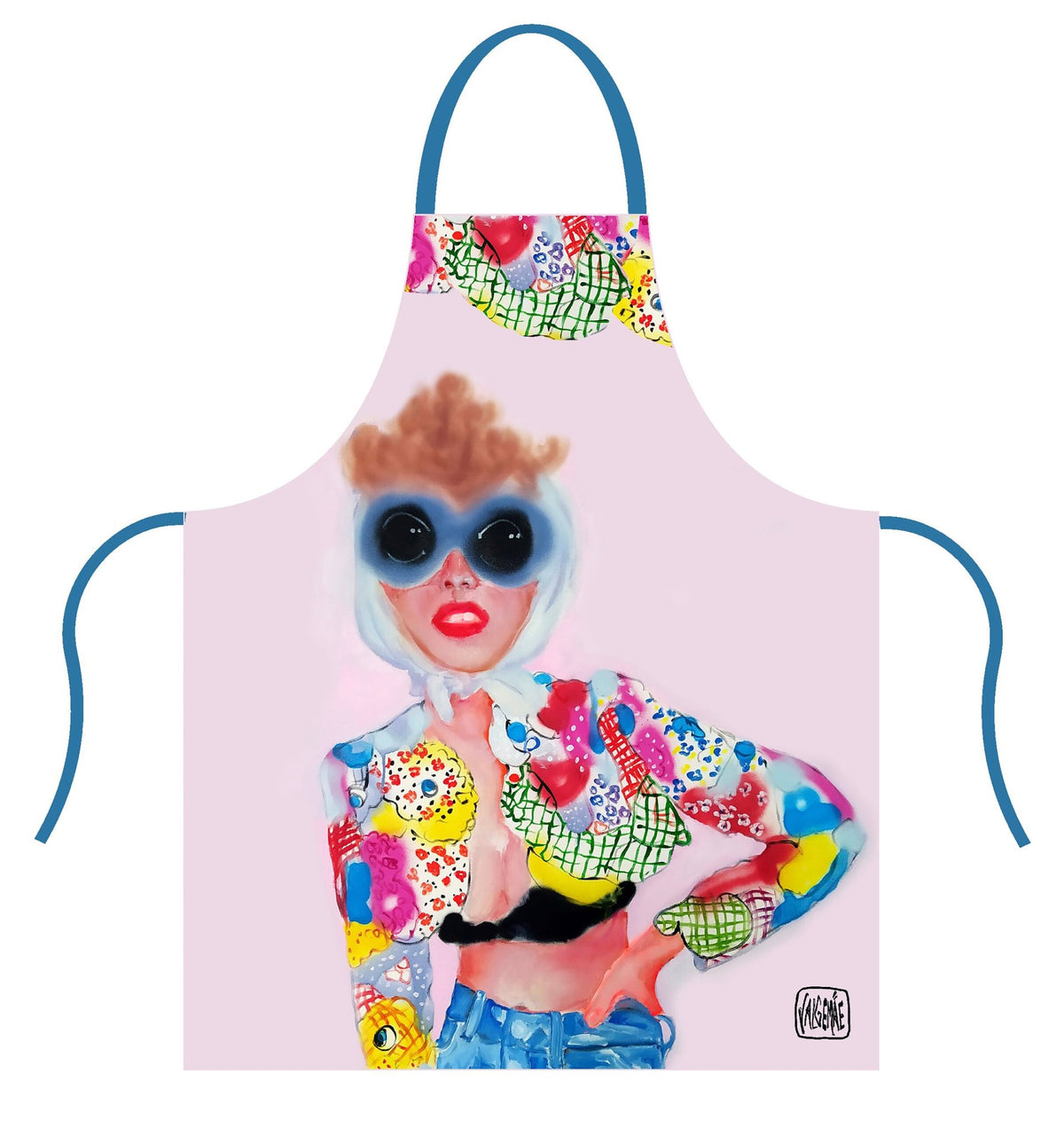 2. Apron featuring colorful pop art design with abstract figure wearing sunglasses on pink background