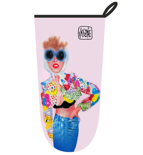 2. Katrin Valgemäe oven glove featuring colorful pop art design with a woman in sunglasses on a pink background