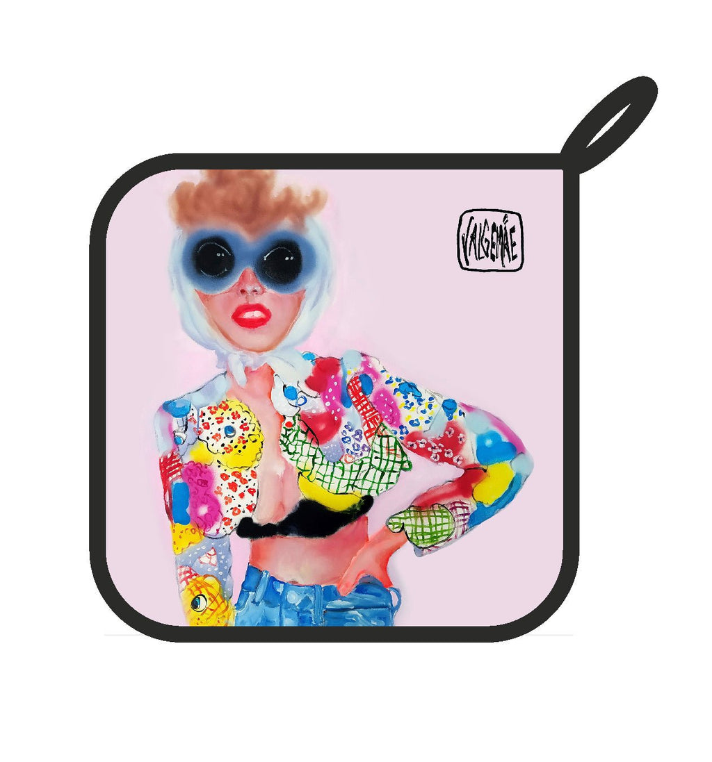 1. Katrin Valgemäe pot holder featuring colorful pop art design with a woman in sunglasses on a pink background