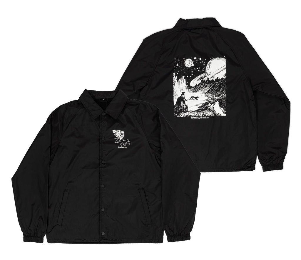 5. Unisex black Coach Jacket The Hobgoblin by Moomin showing front and back designs