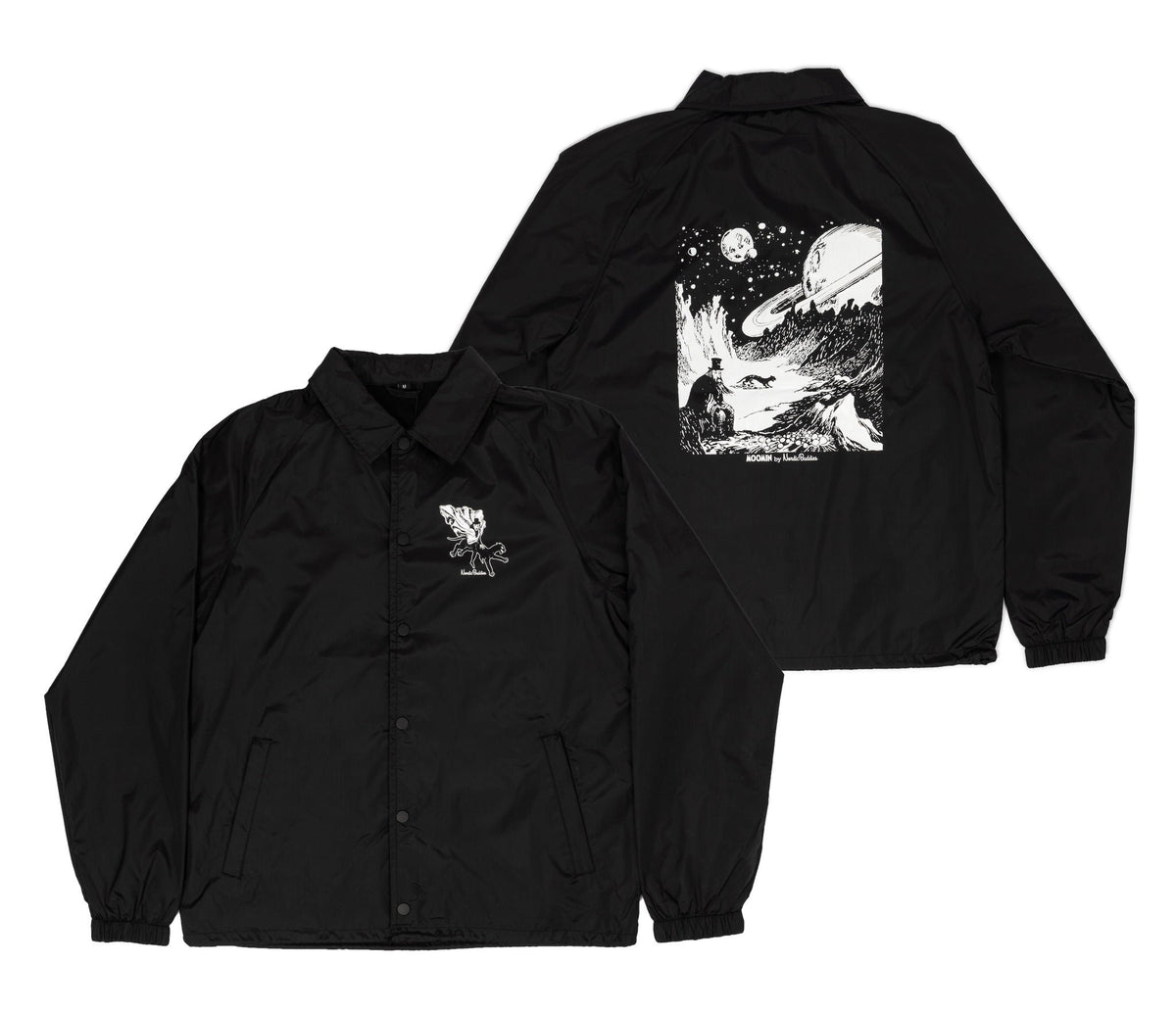 5. Unisex black Coach Jacket The Hobgoblin by Moomin showing front and back designs