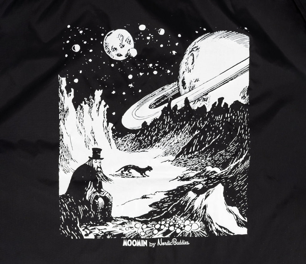 8. Close-up of Tove Jansson artwork on back of unisex black Coach Jacket The Hobgoblin by Moomin