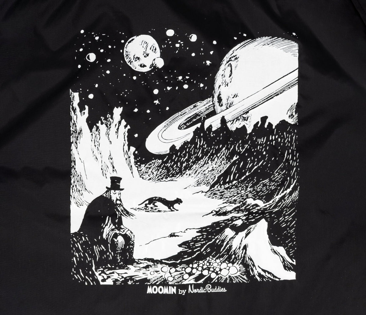 8. Close-up of Tove Jansson artwork on back of unisex black Coach Jacket The Hobgoblin by Moomin