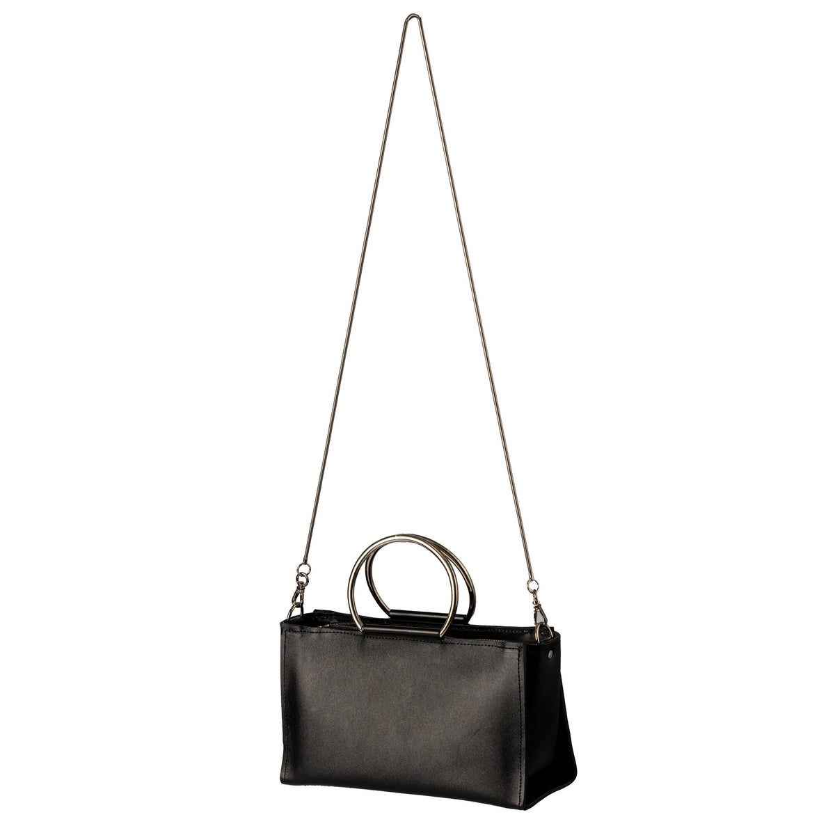 5. PYKOK Handbag Maria Mini in black leather with long chain strap, studio setting
