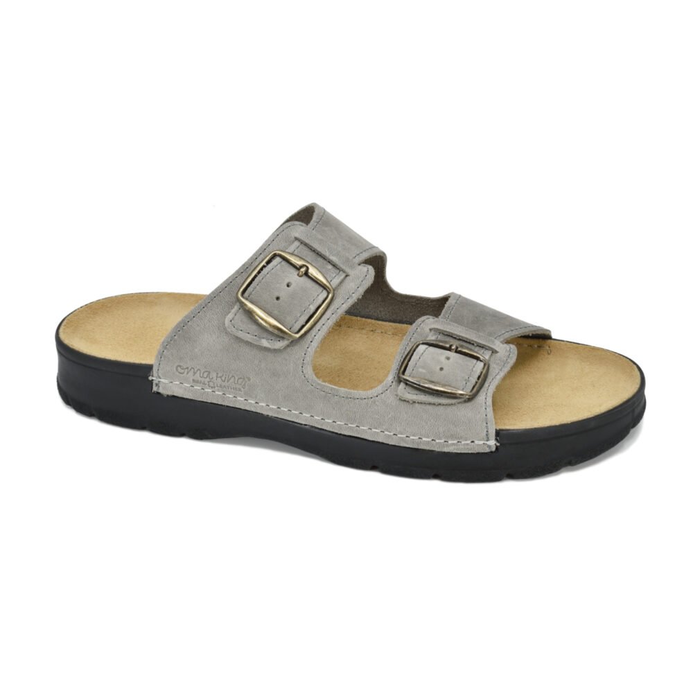 1. Grey Märt Sandals by Omaking with two adjustable buckle straps, shown in studio setting