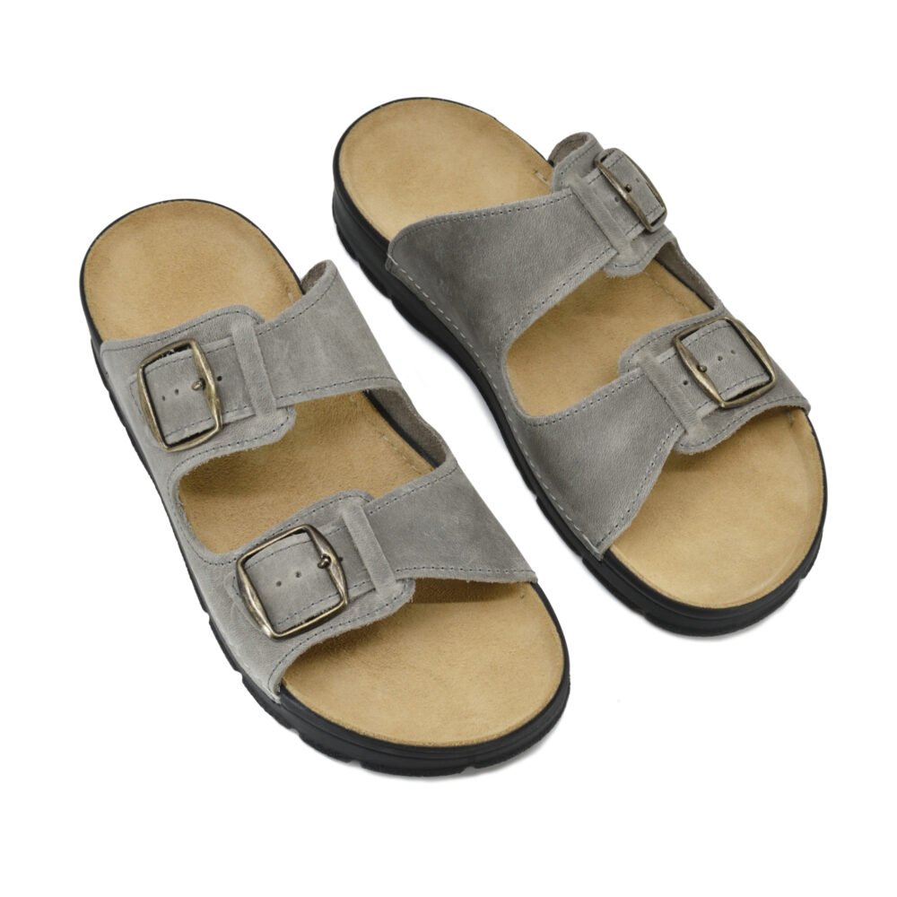 2. Top view of grey Märt Sandals by Omaking, featuring adjustable buckle straps and wide fit design