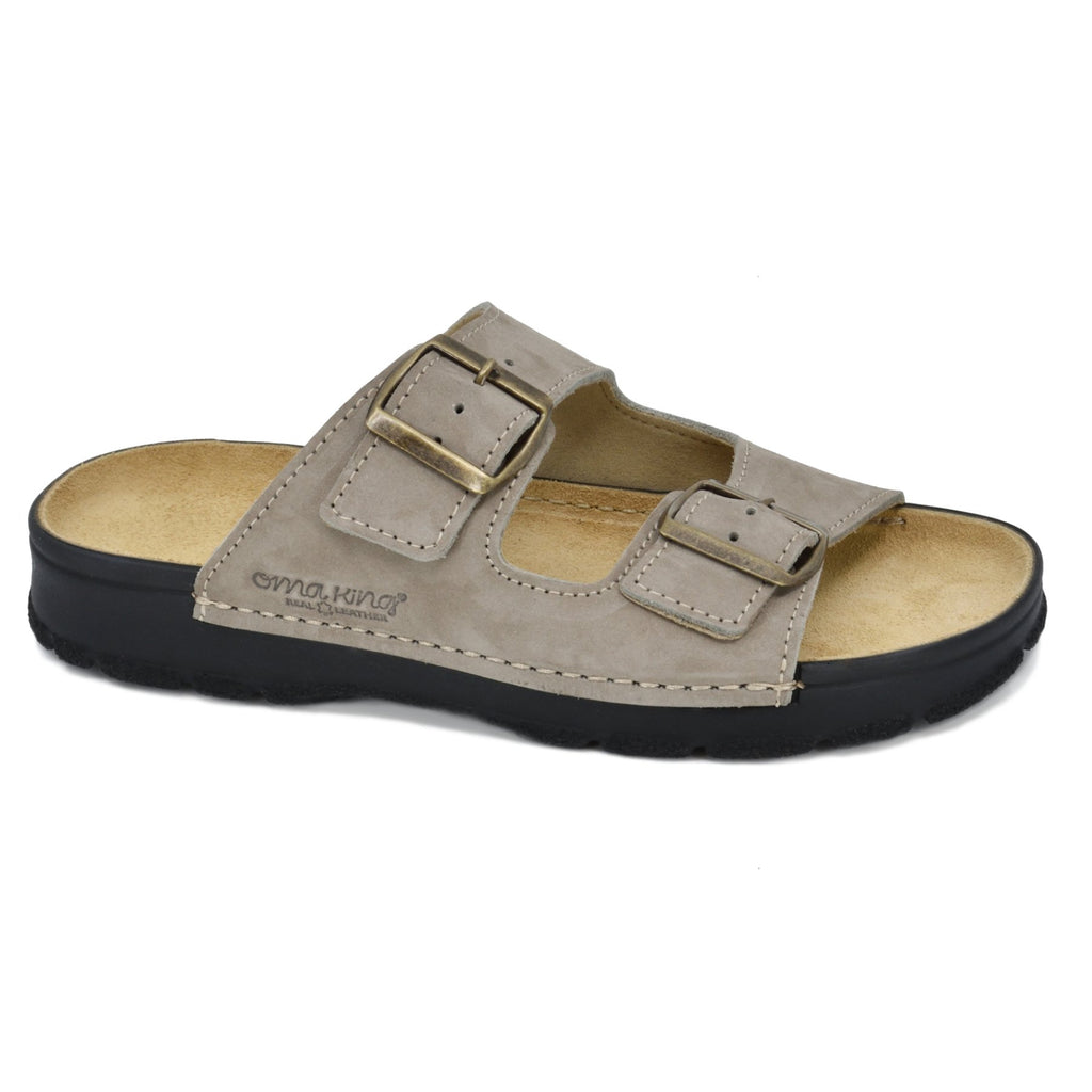 3. Side view of Omaking Meeliku grey leather sandals with brand logo and adjustable buckle straps, studio setting
