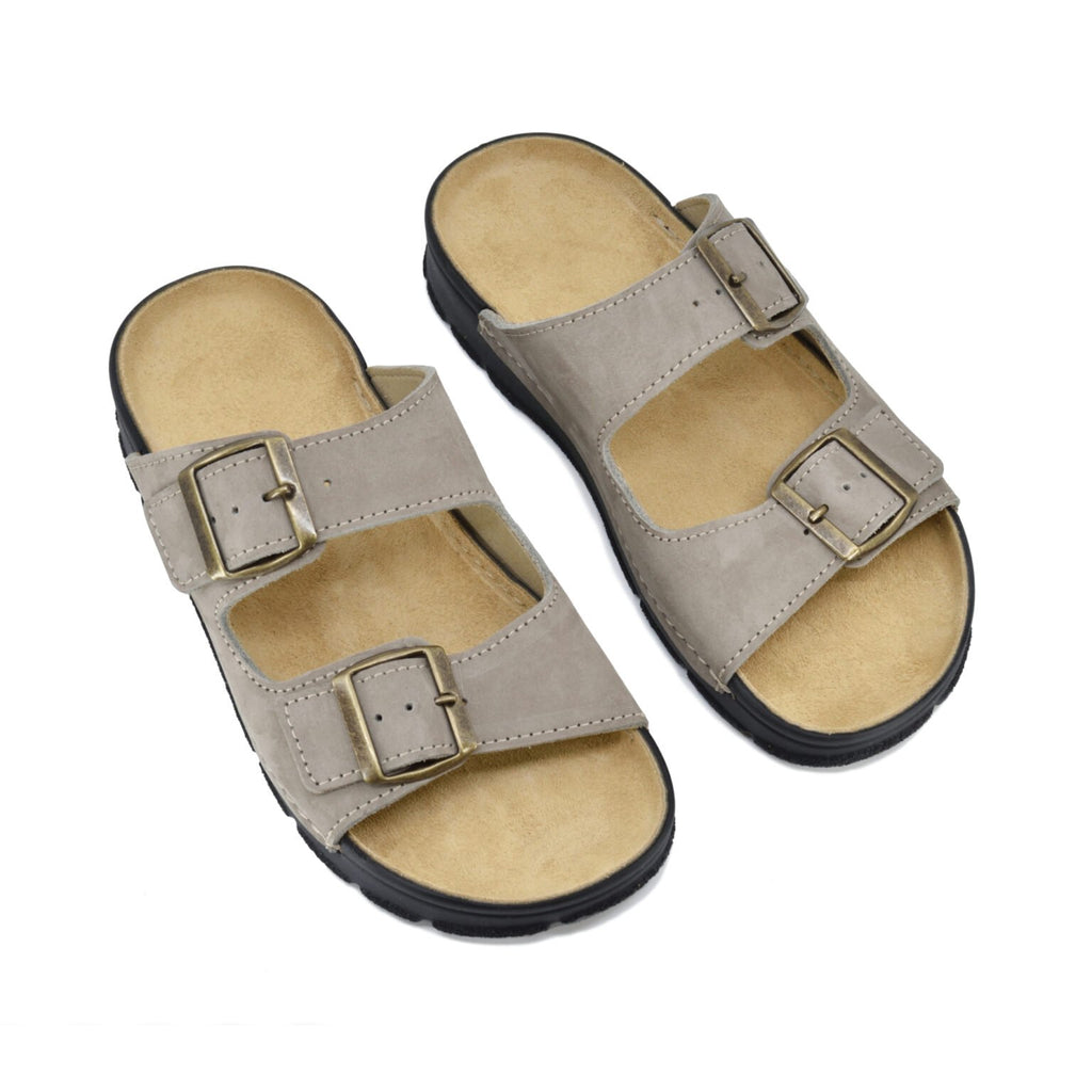 2. Studio image of Omaking Meeliku grey leather sandals with adjustable buckle straps, showing top view