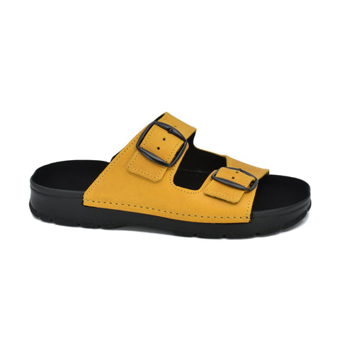 3. Studio image of Meeliku Ocre Sandals by Omaking, featuring adjustable buckle straps and black PU outsole
