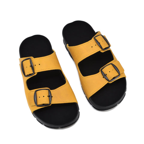 4. Top view of Meeliku Ocre Sandals by Omaking, highlighting natural leather and dual buckle design