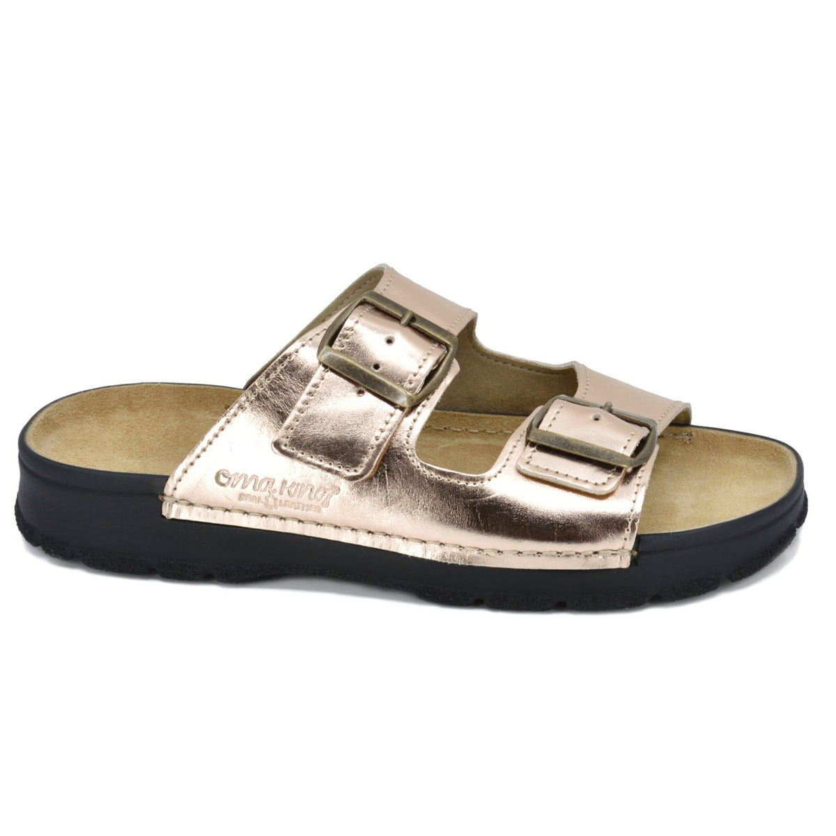3. Side view of Omaking Meeliku Sandals in rose gold, showing brand logo and buckle detail