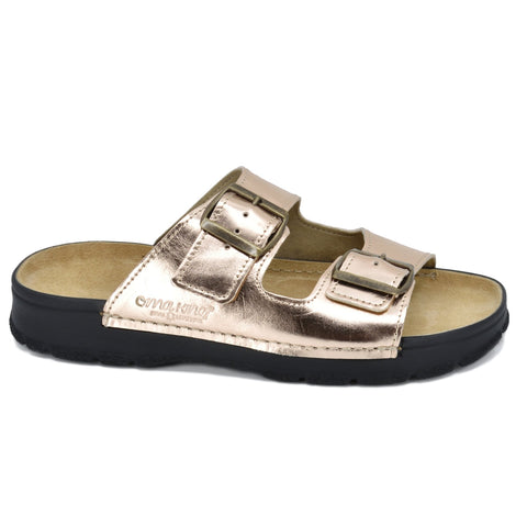 3. Side view of Omaking Meeliku Sandals in rose gold, showing brand logo and buckle detail