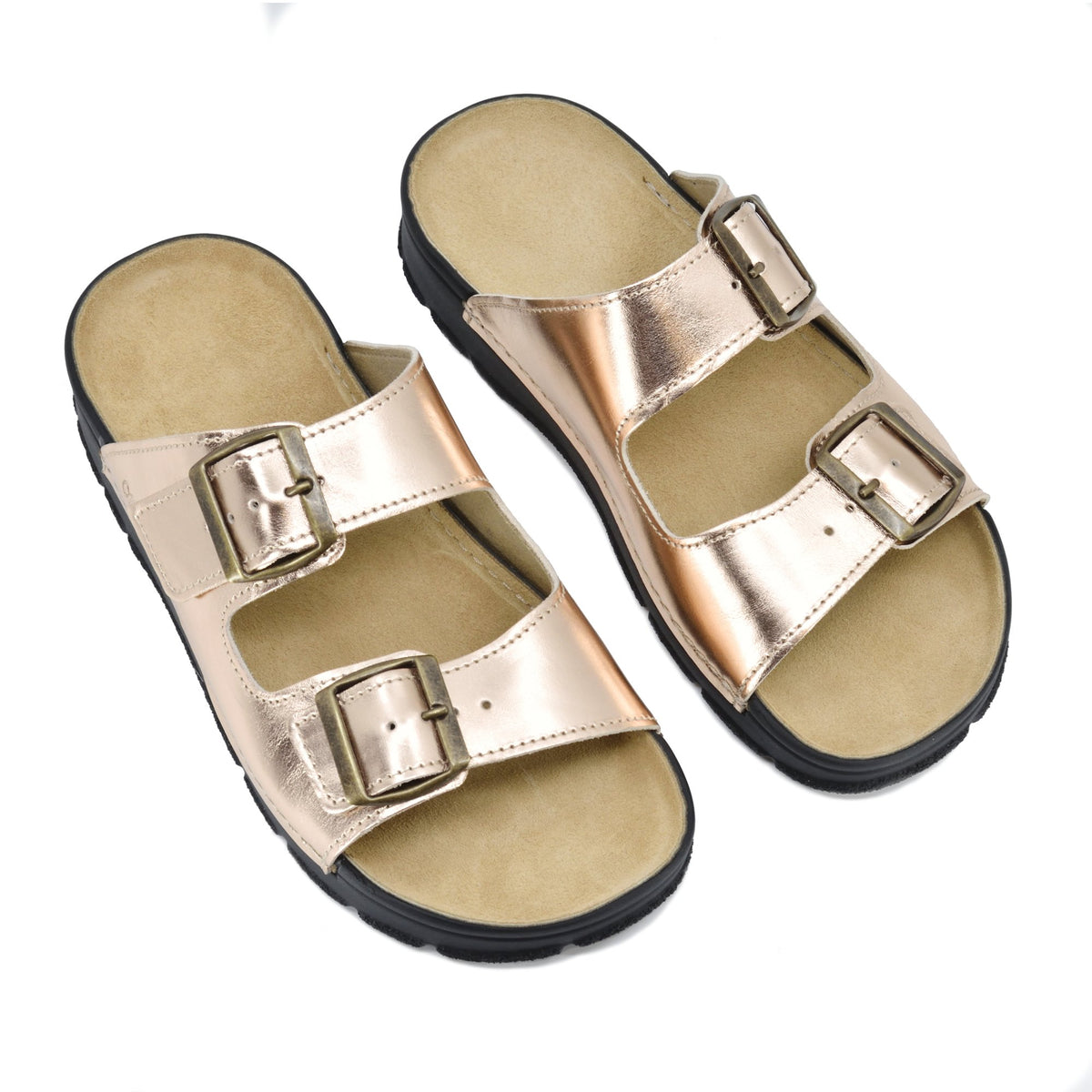 2. Studio shot of Omaking Meeliku Sandals in rose gold with adjustable buckle straps