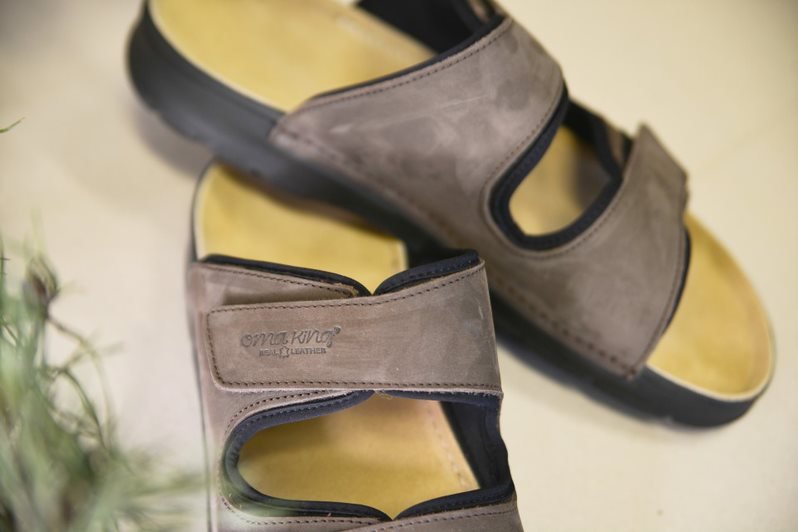 8. Close-up of Madise Sandals in brown by OmaKing, highlighting leather upper and insole