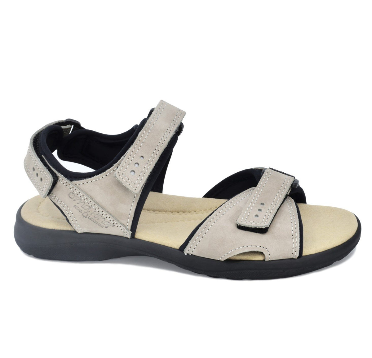 2. Side view of Omaking Liiva women's grey leather sandals featuring a flexible polyurethane outsole and microfiber insole