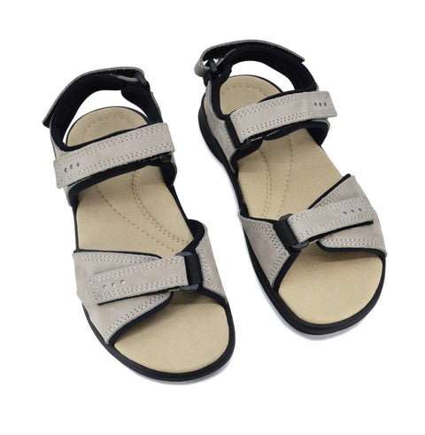 1. Women's grey leather sandals by Omaking with adjustable Velcro straps, shown in a studio setting