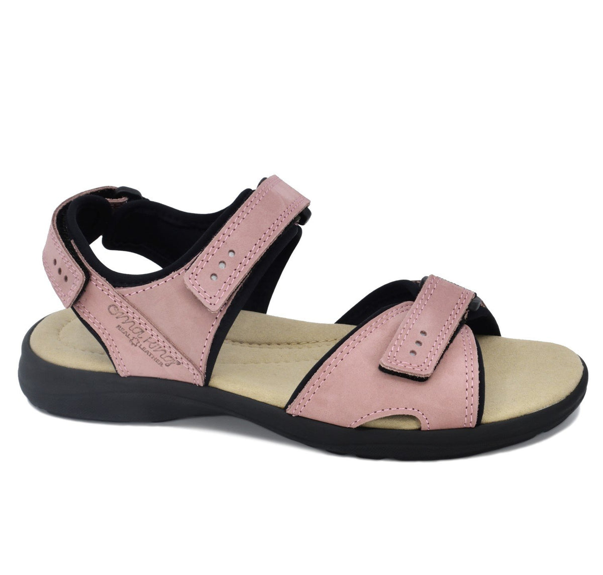 1. Women's pink leather sandals by Omaking, featuring adjustable Velcro straps and a durable microfiber insole, shown in a side studio view