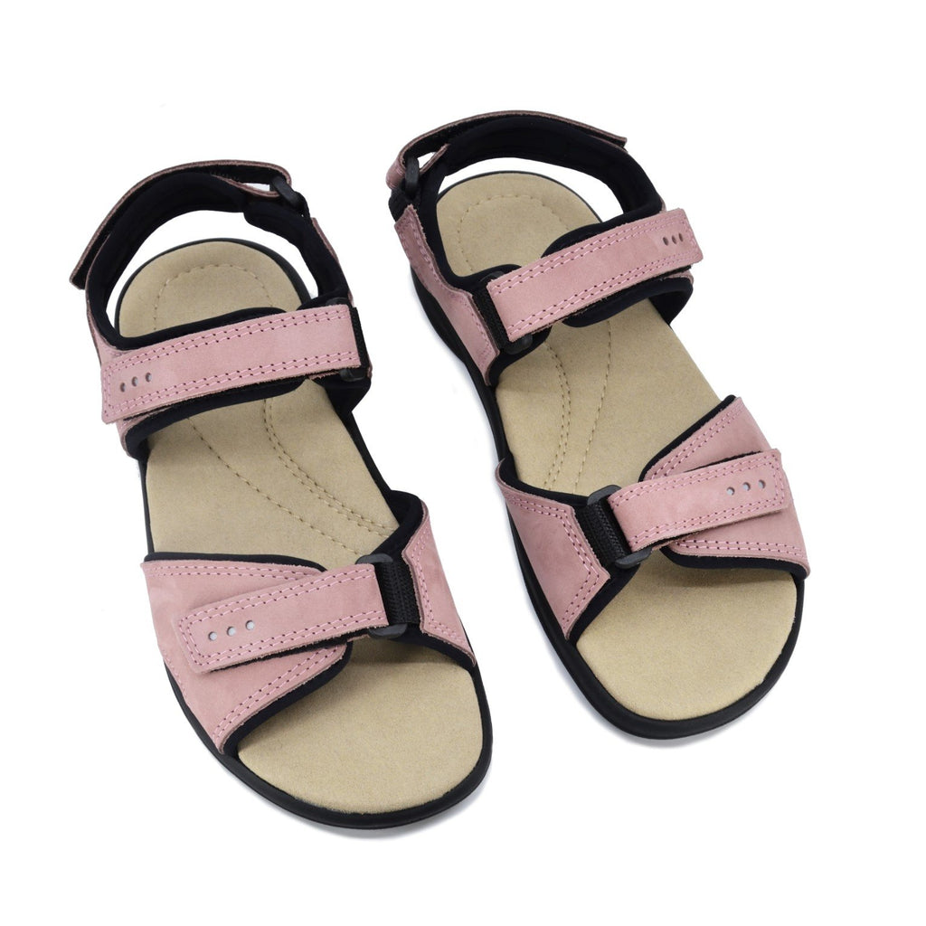 2. Top view of Omaking Liiva women's pink leather sandals with adjustable Velcro straps and flexible polyurethane outsole