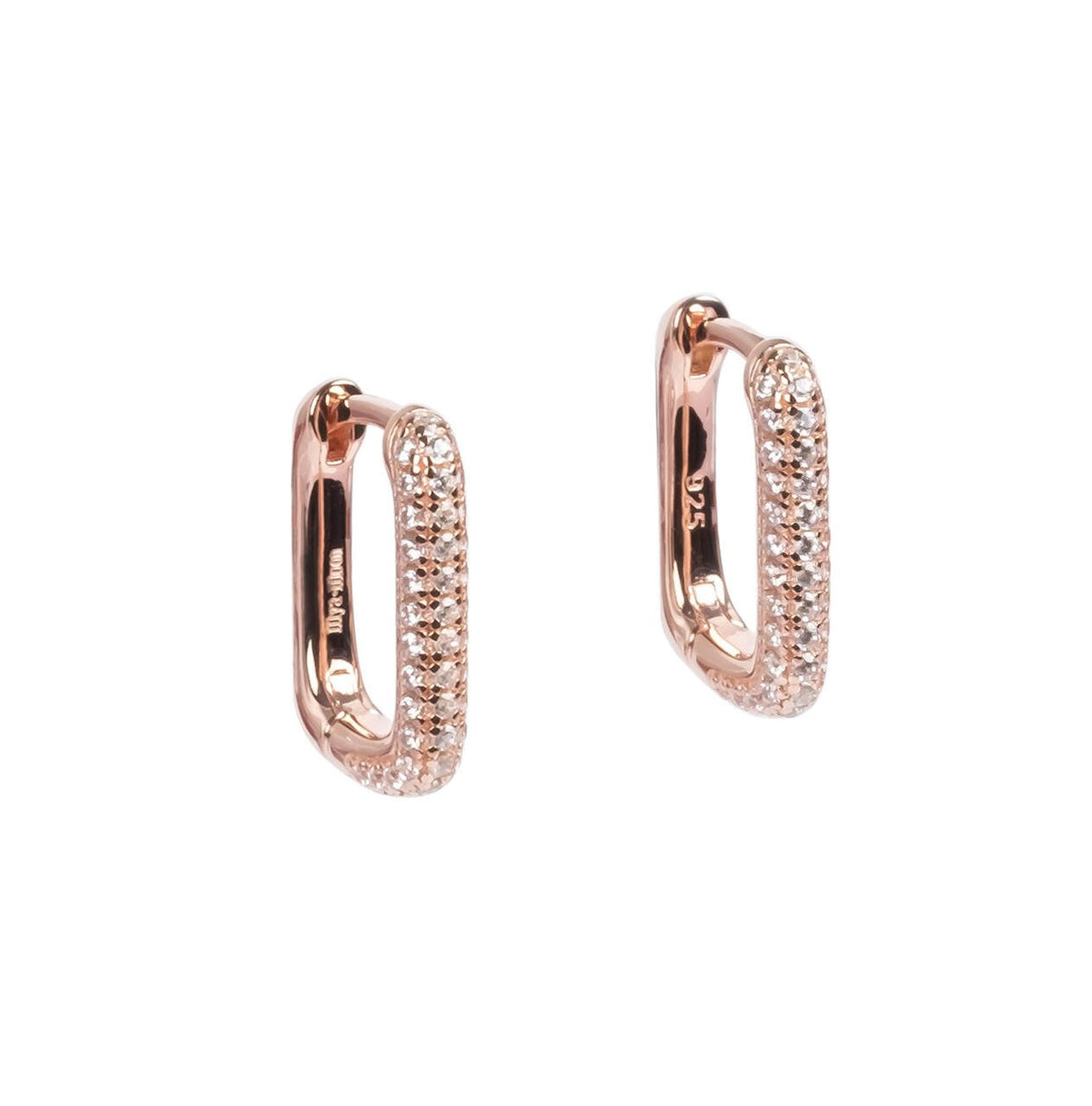 3. MyaMoon Metropolitan Glow White Earrings in rose gold, featuring 88 zircons, studio shot emphasizing Nordic minimalism