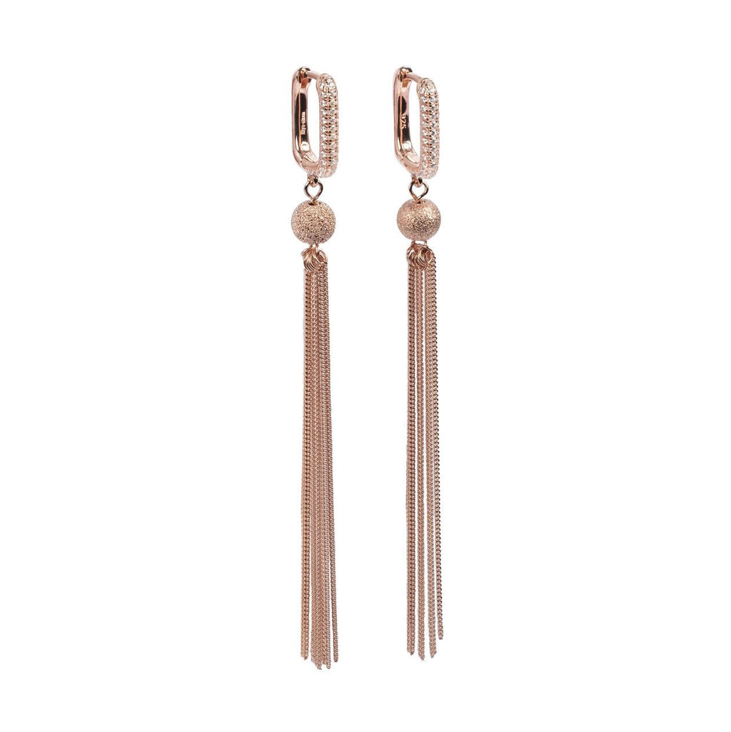 2. MyaMoon Metropolitan Glow white tassel earrings in rose gold plating with sparkling stones and chain fringes, studio shot