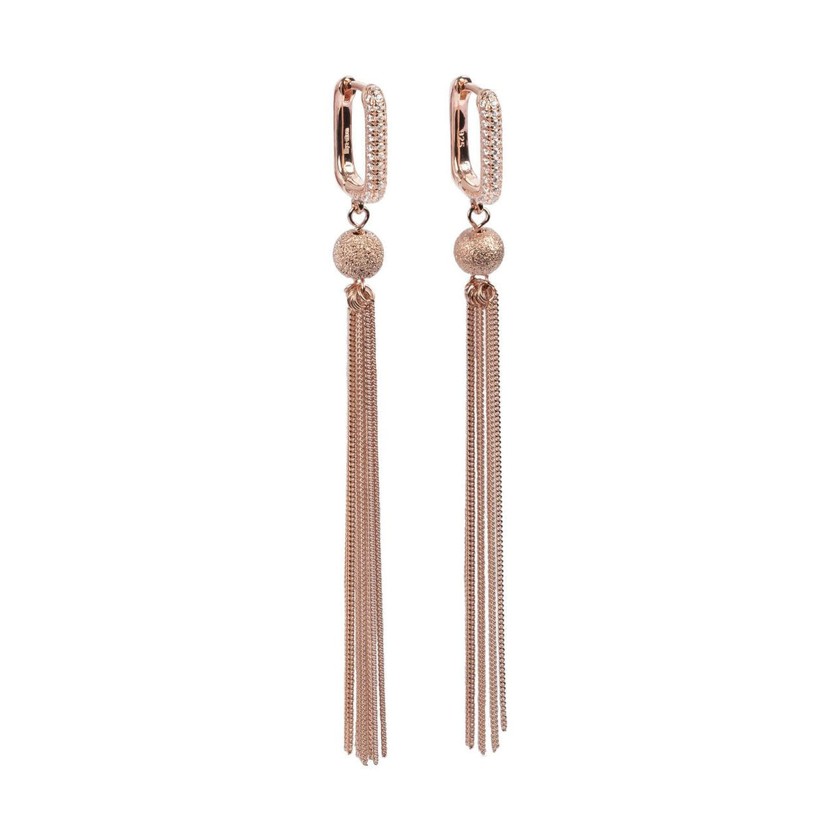 2. MyaMoon Metropolitan Glow white tassel earrings in rose gold plating with sparkling stones and chain fringes, studio shot