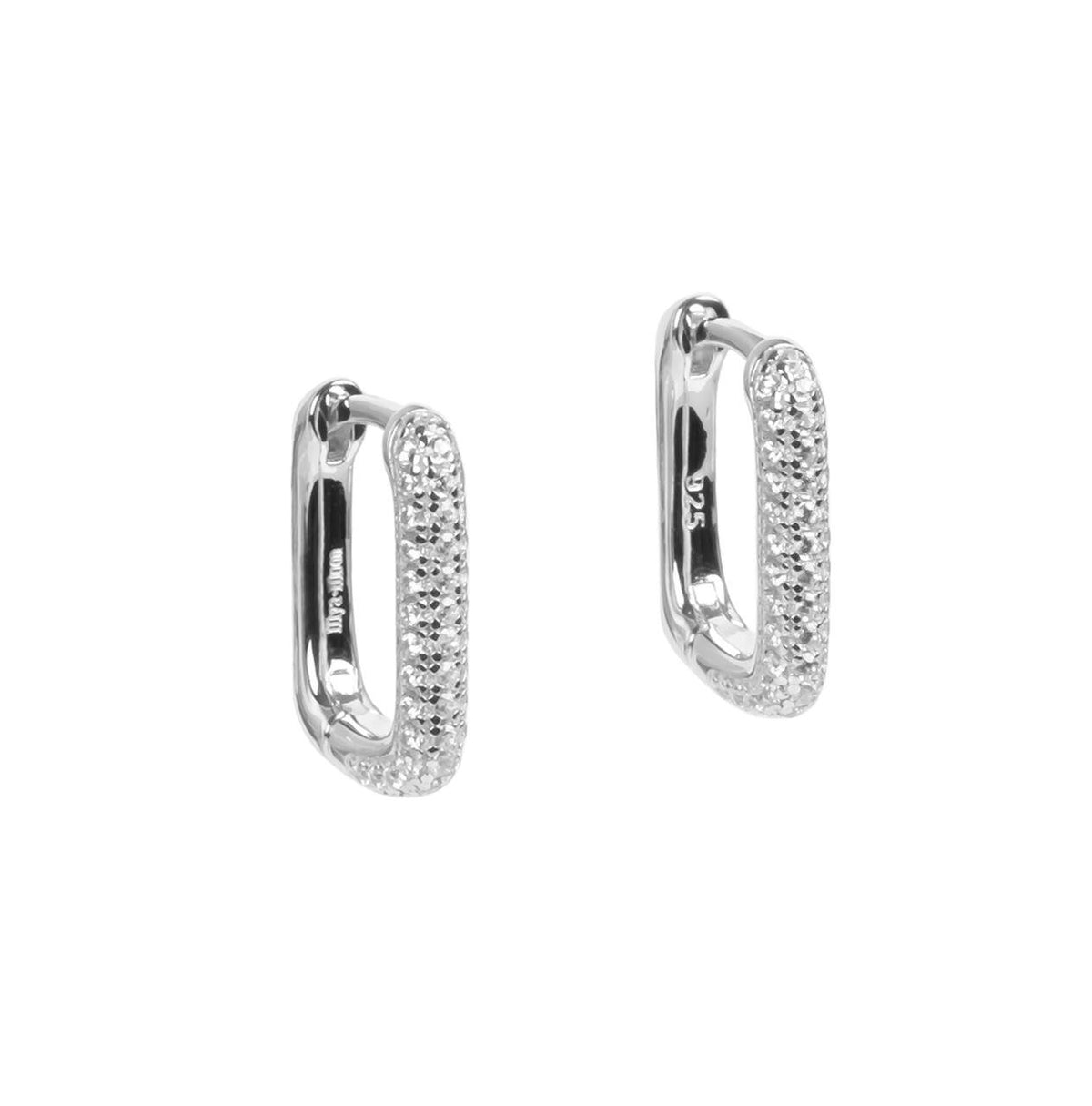 2. MyaMoon Metropolitan Glow White Earrings in silver rhodium, adorned with 88 zircons, studio shot highlighting luxury design