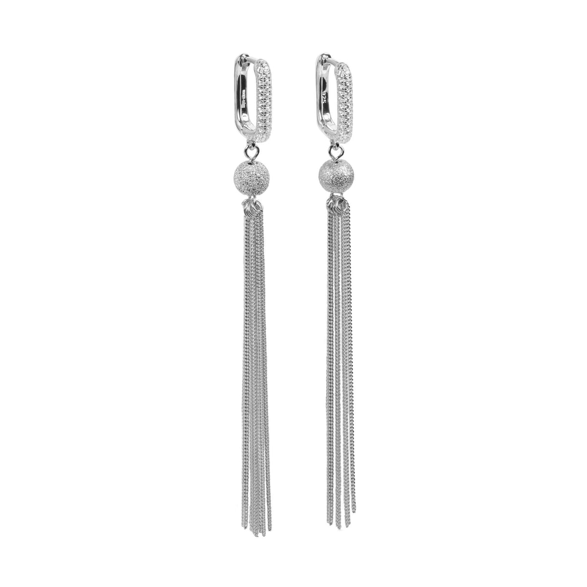 1. MyaMoon Metropolitan Glow white tassel earrings in silver plating with sparkling stones and chain fringes, studio shot