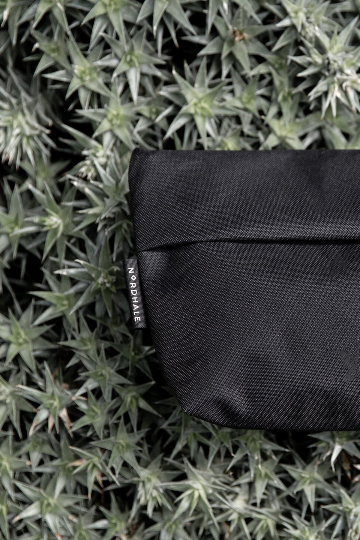 8. Nordhale NES Toiletry Bag in black placed on spiky plant, highlighting durable material