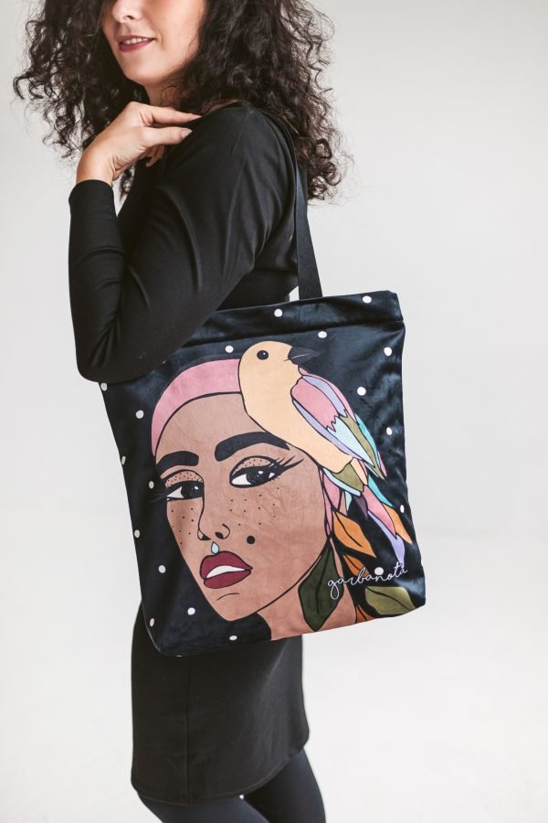 6. Large black HANDBAG SIUZANA by Garbanota with colorful artistic print, showing dimensions and features