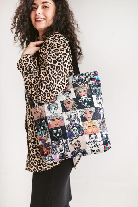 1. Women's Garbanota handbag mosaic colored worn by model in leopard print, showcasing artistic design
