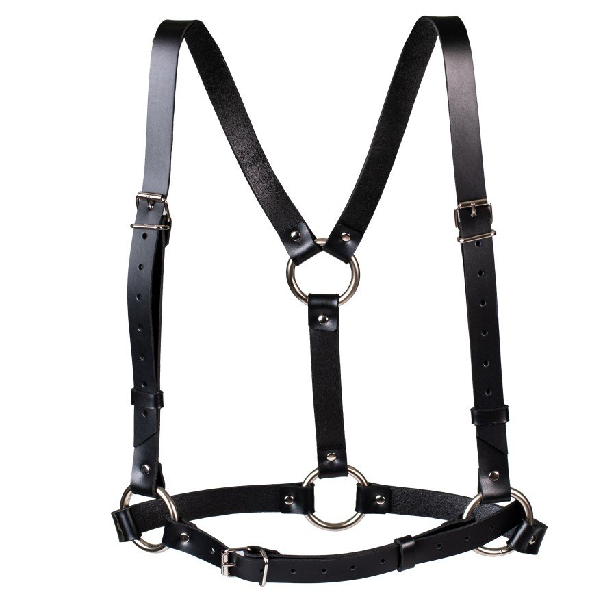 5. Studio shot of Body Harness Milla by PYKOK, focusing on leather straps and metal rings