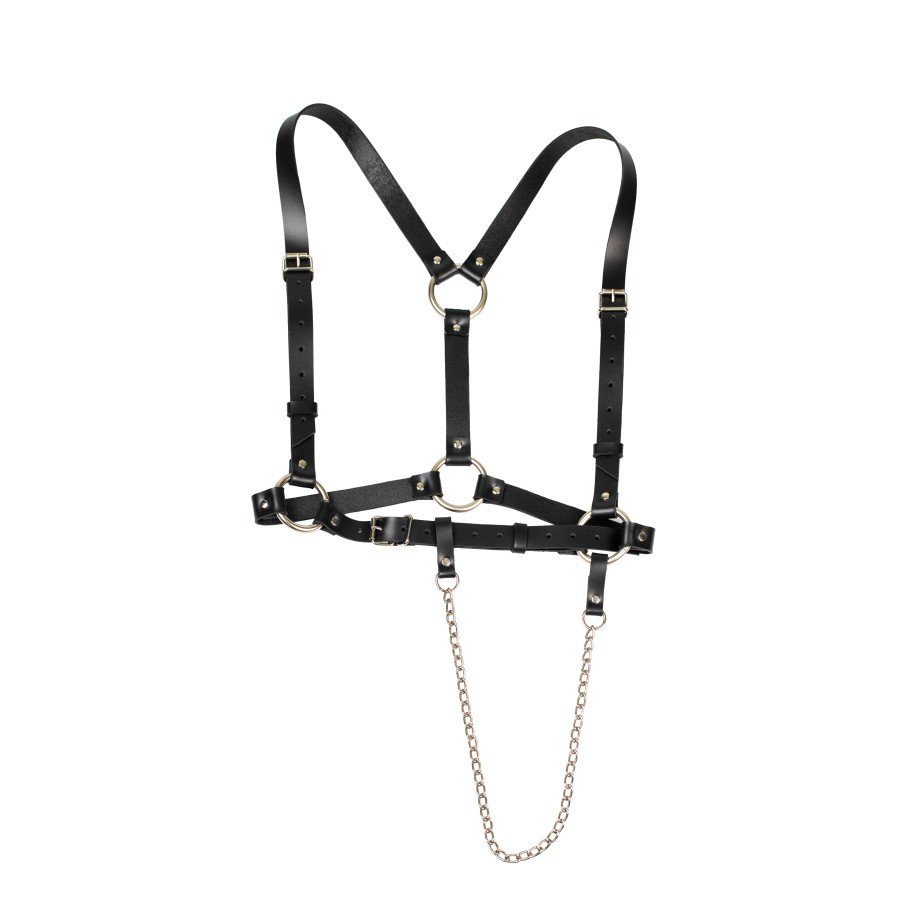 4. Studio image of Body Harness Milla by PYKOK, featuring black leather and metal chain design