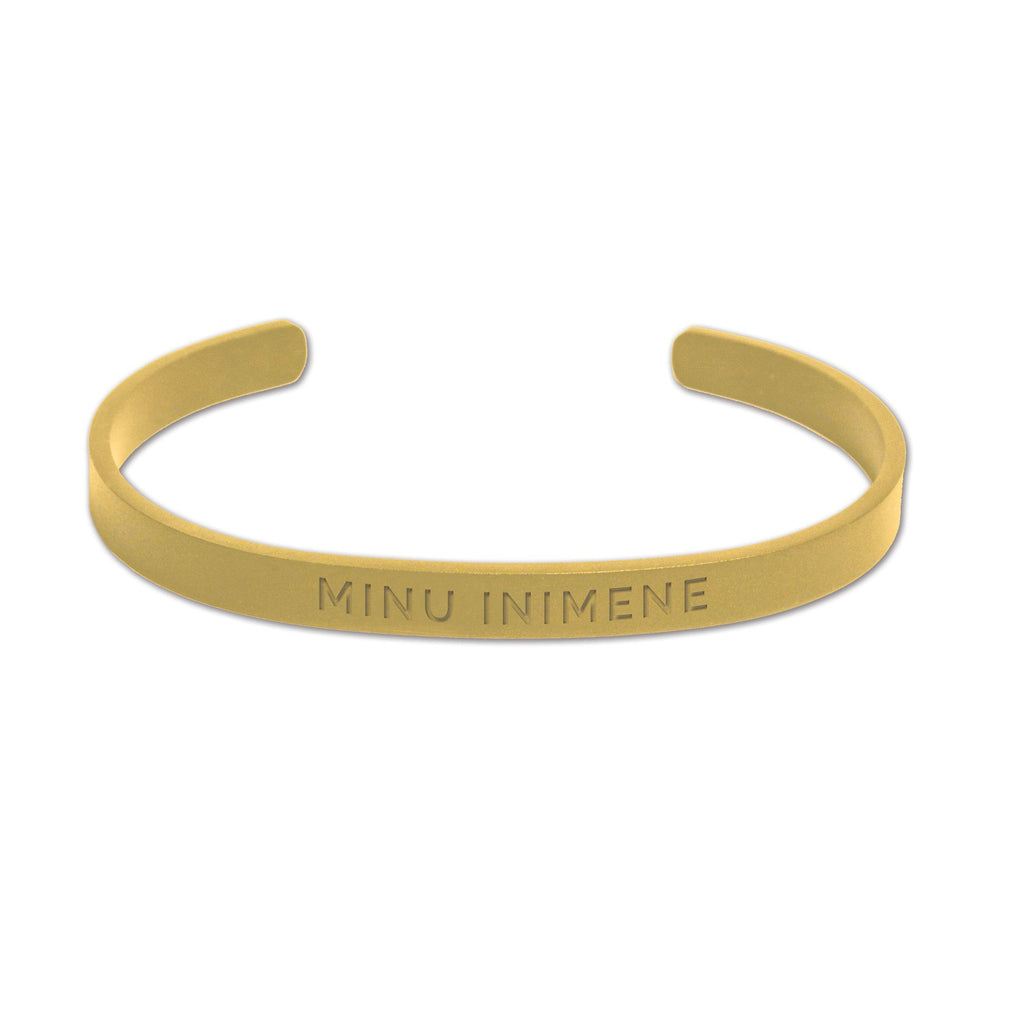 1. Gold men's bracelet with 'MINU INIMENE' engraving, polished stainless steel, adjustable fit, shown on white background