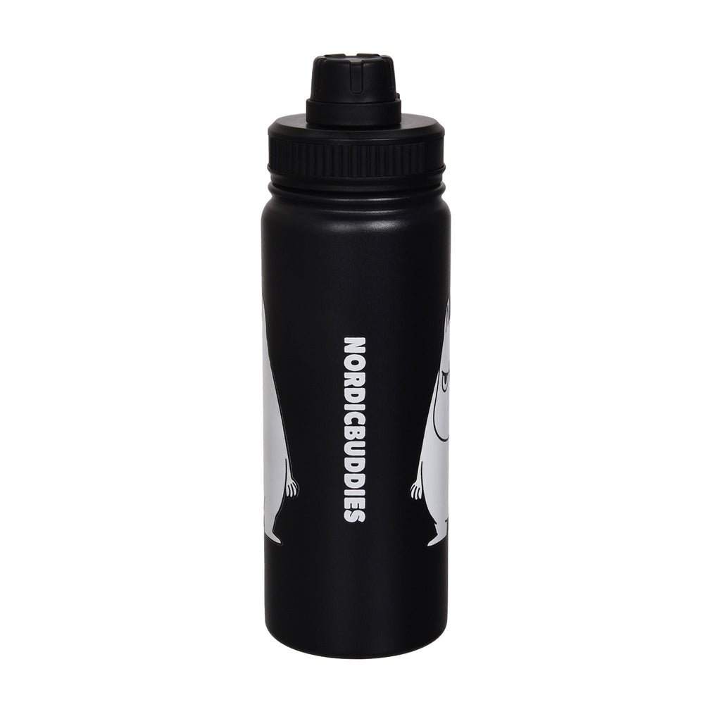 3. Moomintroll Thermal Everyday Bottle in black, showing NordicBuddies branding, studio shot