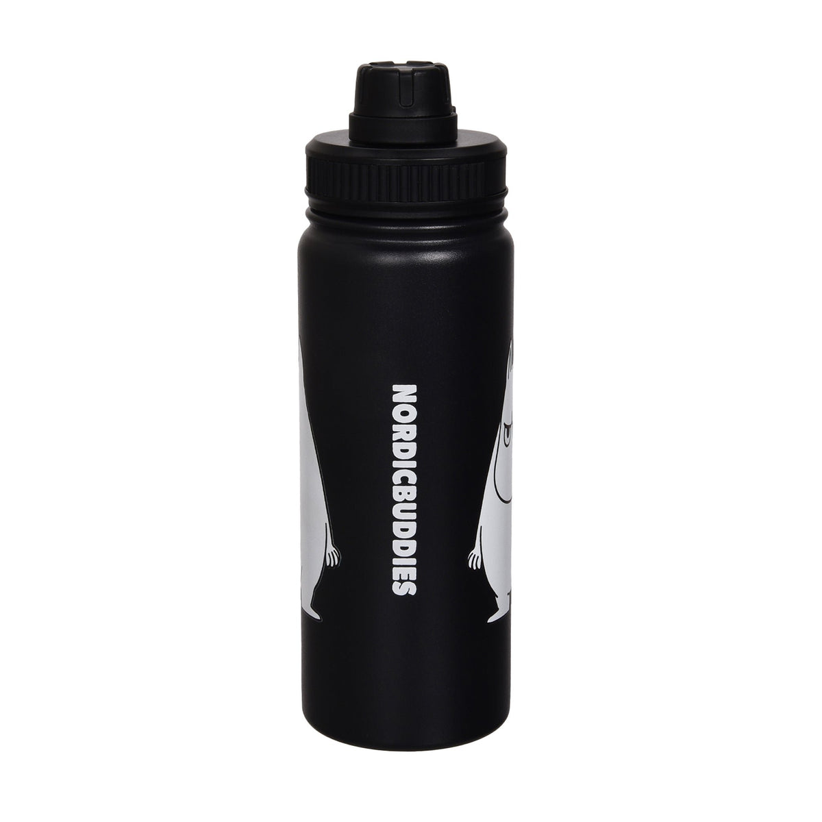 3. Moomintroll Thermal Everyday Bottle in black, showing NordicBuddies branding, studio shot
