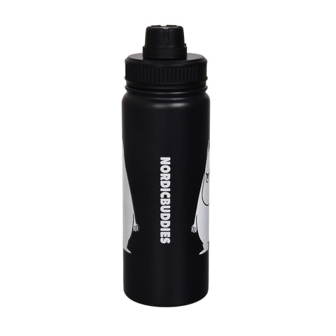 3. Moomintroll Thermal Everyday Bottle in black, showing NordicBuddies branding, studio shot