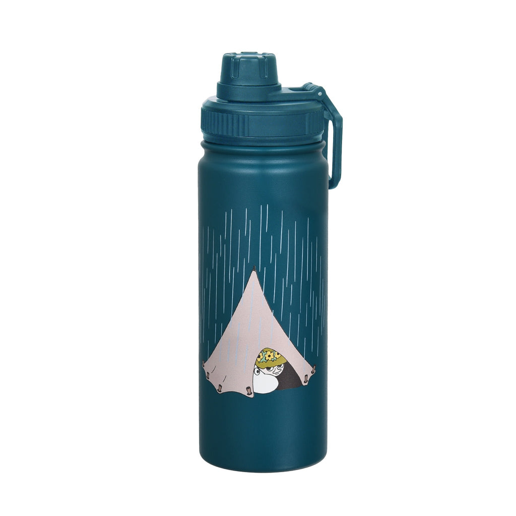 2. Studio image of Moomin Adventure Thermal Everyday Bottle with tent illustration and teal finish
