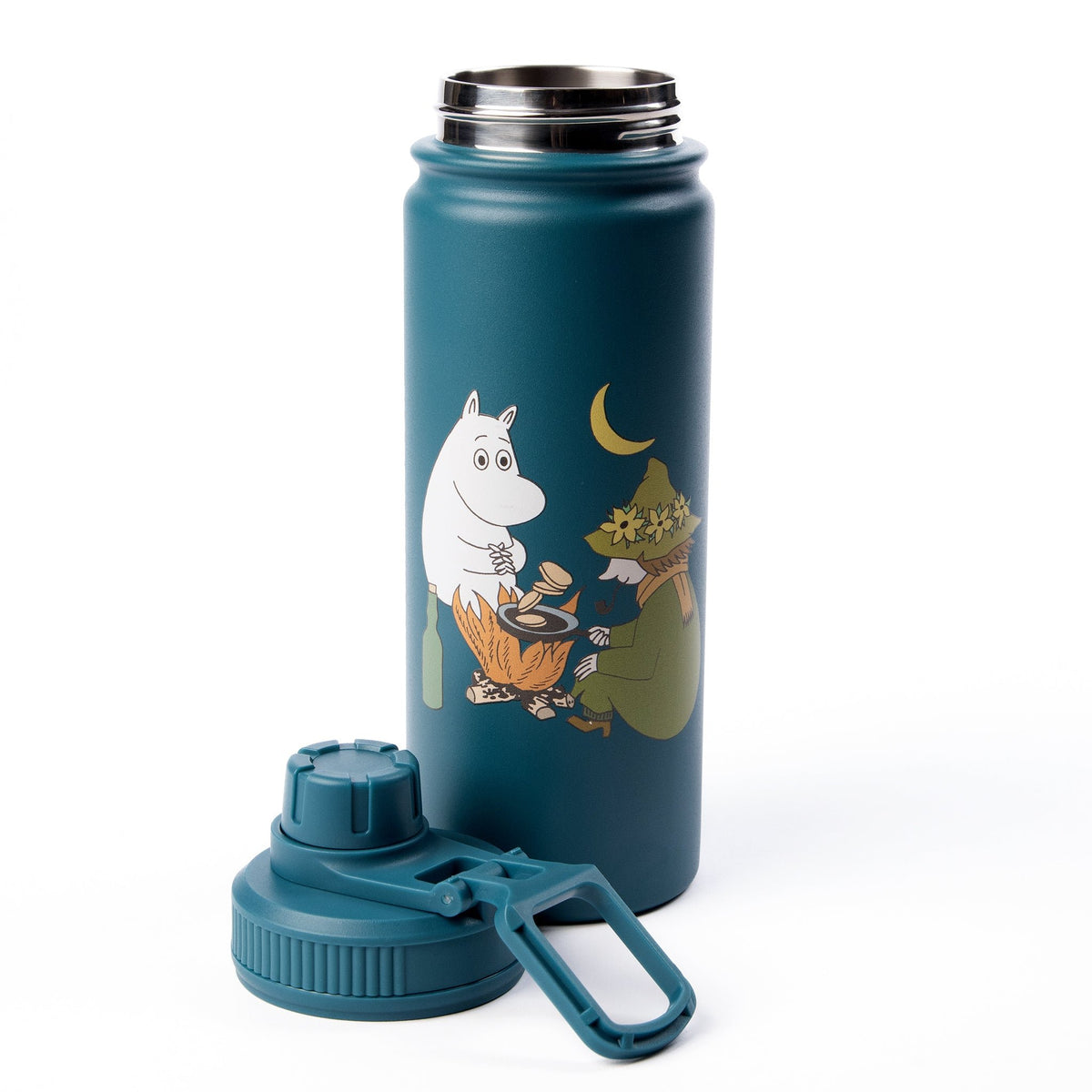 4. Moomin Adventure Thermal Everyday Bottle with removable lid, highlighting Moomin characters and teal color
