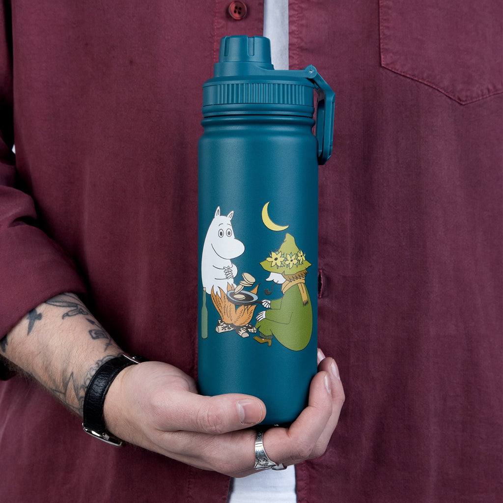1. Moomin Adventure Thermal Everyday Bottle held by a person, showcasing Moomin characters and teal color