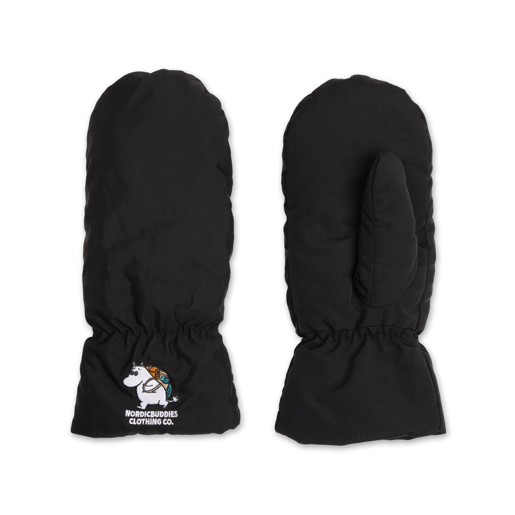 1. Black Moomintroll Puffer Mittens for adults by NordicBuddies, featuring Moomin embroidery, shown in studio