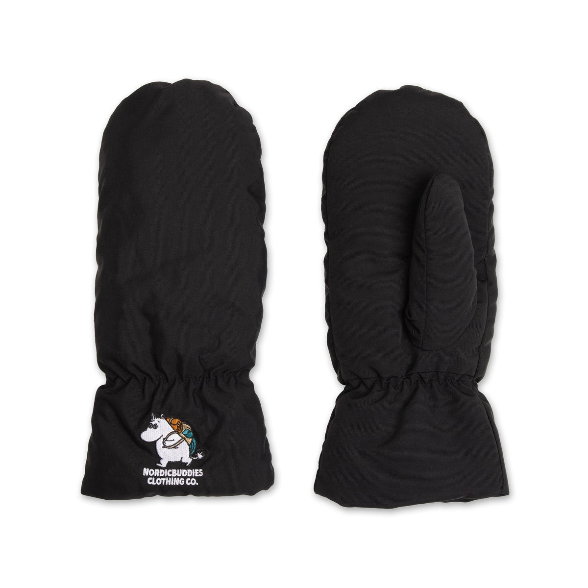 1. Black Moomintroll Puffer Mittens for adults by NordicBuddies, featuring Moomin embroidery, shown in studio